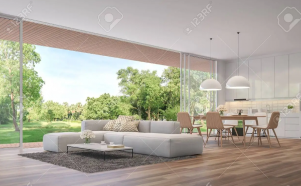 Ruang makan terbuka dengan pemandangan taman